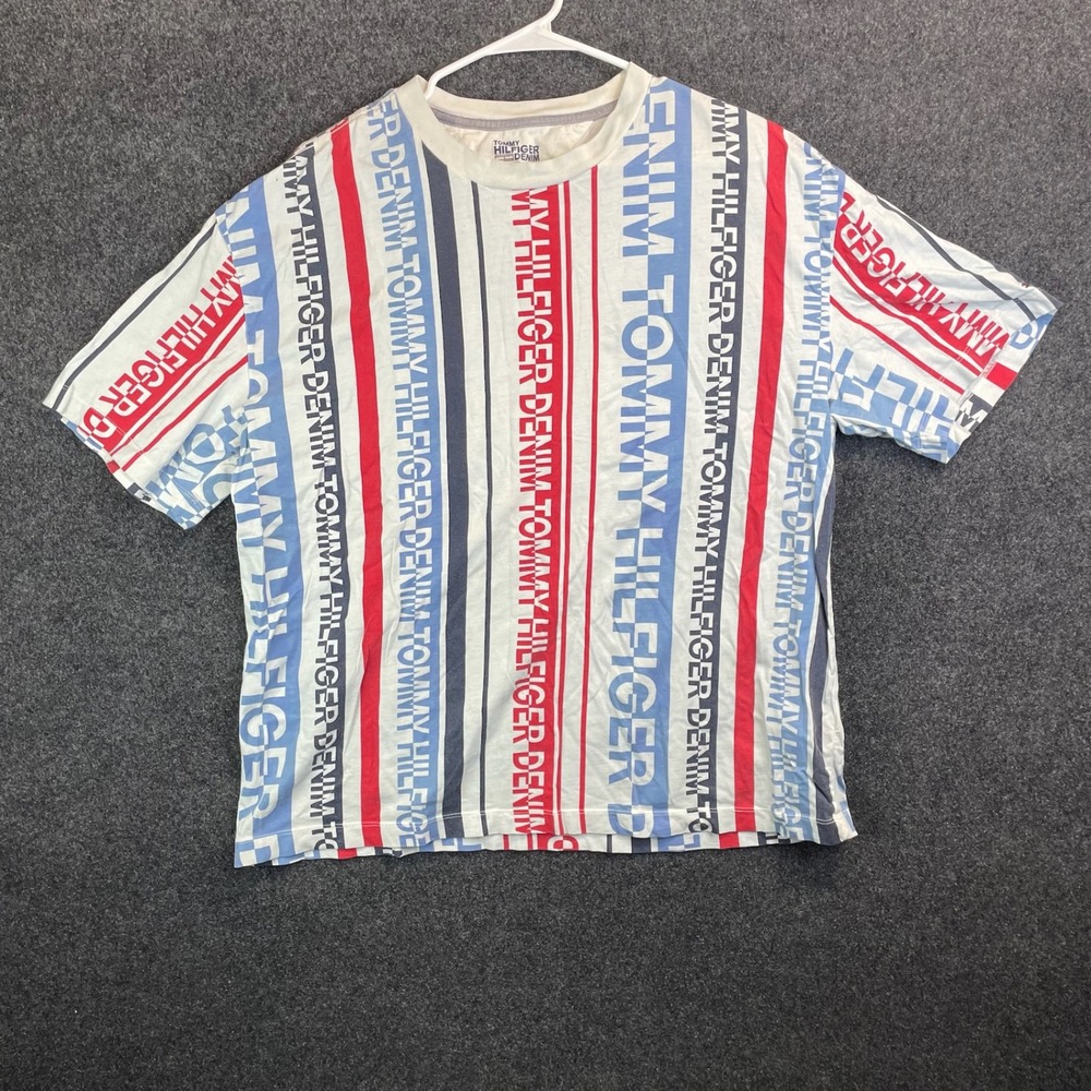 Tommy Hilfiger Denim 90s Oversized Logo Stripe T-Shirt Men Large White 78E8152